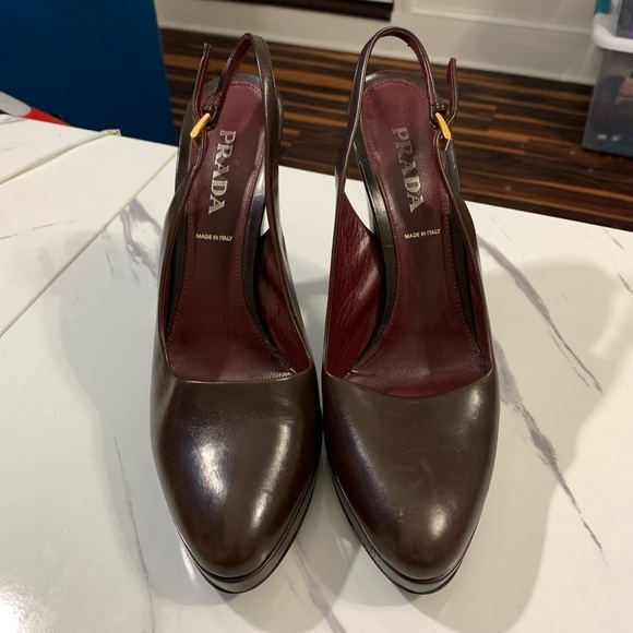 PRADA VERO CUOIO Brown Burgundy Leather Platform Pumps High Heels 38 - Picture 4 of 16